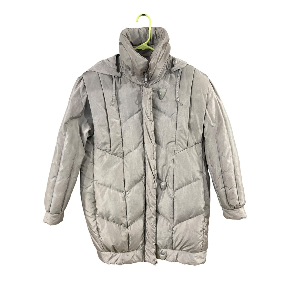La Vogue Down Vintage Puffer Jacket Hooded Parka Metallic Taupe Silver Womens M